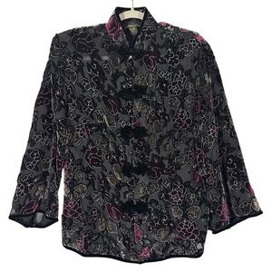 Aris.A Floral Velvet Burnout Silk Blend Sheer Jacket Sz M Asian Style Frog Clasp
